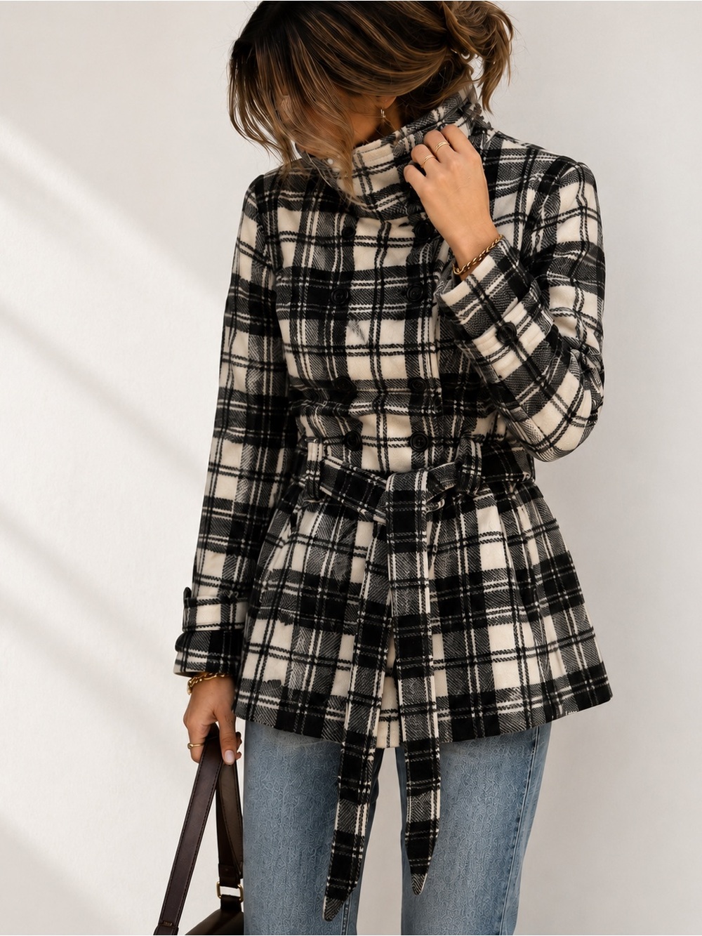 Lady Hathaway Plaid Coat Large Black White Belted Double Breasted Peacoat